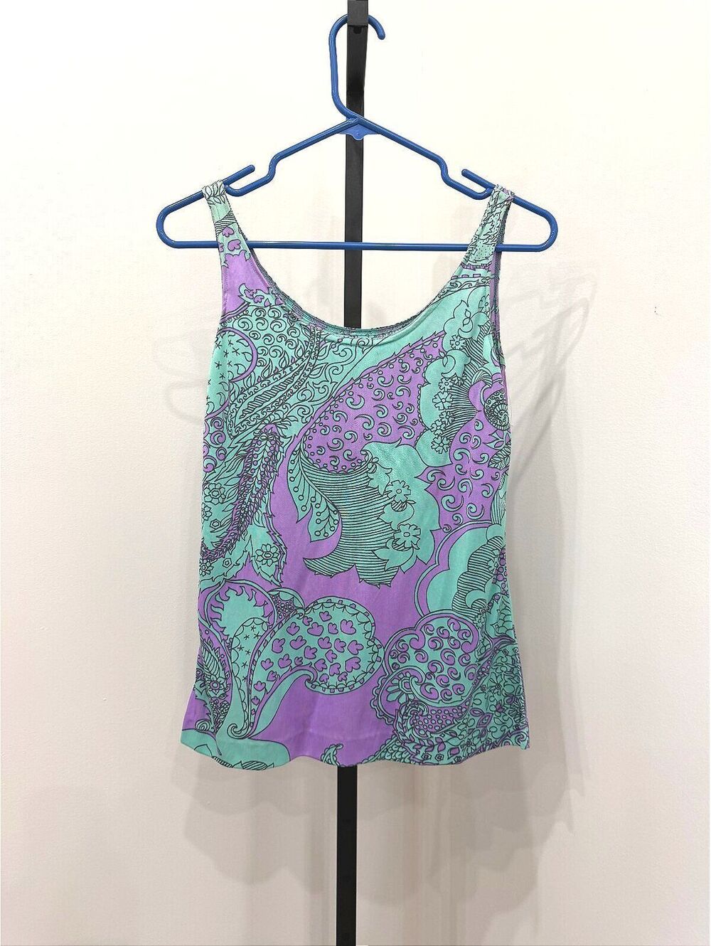 70s Sleeveless Paisley Print Tank Top in Purple and Turquoise